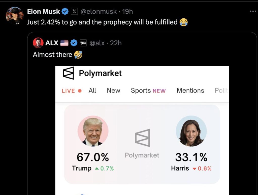 Elon Musk encourage ses fans à investir pour atteindre les 69,42 % de probabilité (69 pour la position sexuelle, 42 pour le sens de la vie).