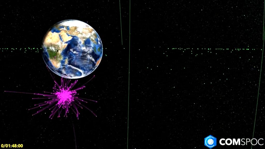 Une simulation de ce que peut engendrer une explosion d'un satellite comme IS-33e. // Source : ComSpoc