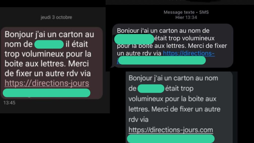 Des sms d'arnaques avec le nom des destinataires. // Source : Signal-arnaques.com