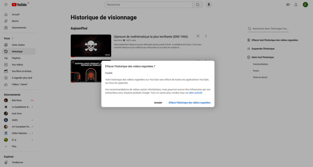 La procédure pour supprimer totalement l'historique YouTube. // Source : Capture d'écran