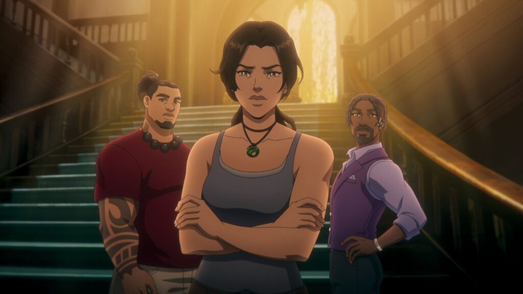 Lara Croft avec Jonah et Zip, dans la série animée. // Source : Netflix