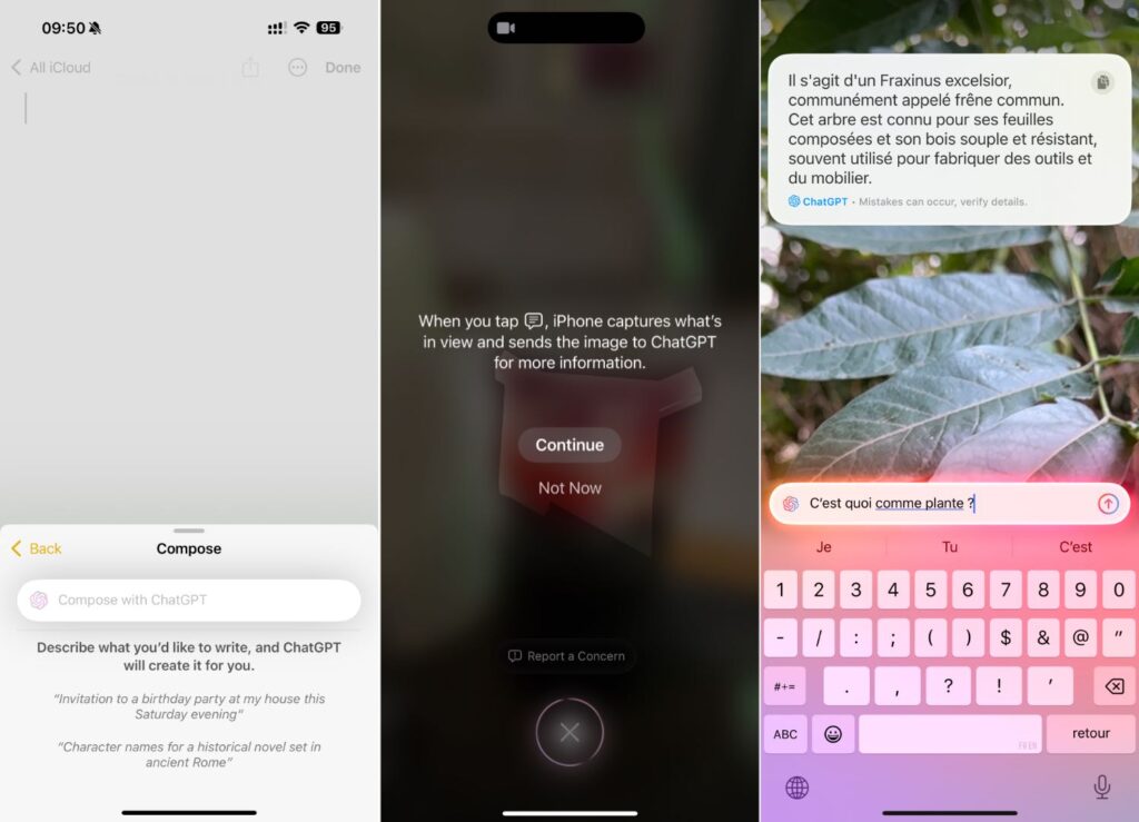 L'intégration de ChatGPT à iOS 18.2, ici avec le menu Compose et Visual Intelligence.