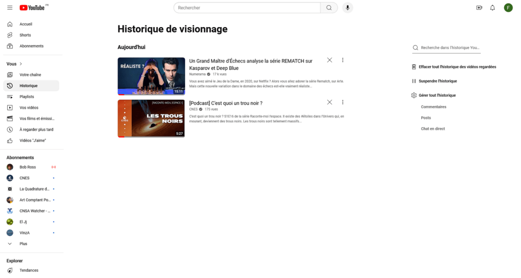 Un exemple d'historique YouTube. // Source : Capture d'écran