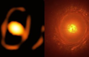 Image de l'étoile WOH G64 à côté d'une représentation artistique // Source : ESO/K Ohnaka et al., L. Calçada