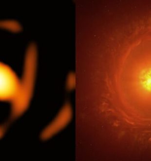 Image de l'étoile WOH G64 à côté d'une représentation artistique // Source : ESO/K Ohnaka et al., L. Calçada