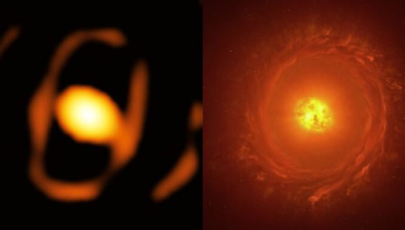 Image de l'étoile WOH G64 à côté d'une représentation artistique // Source : ESO/K Ohnaka et al., L. Calçada