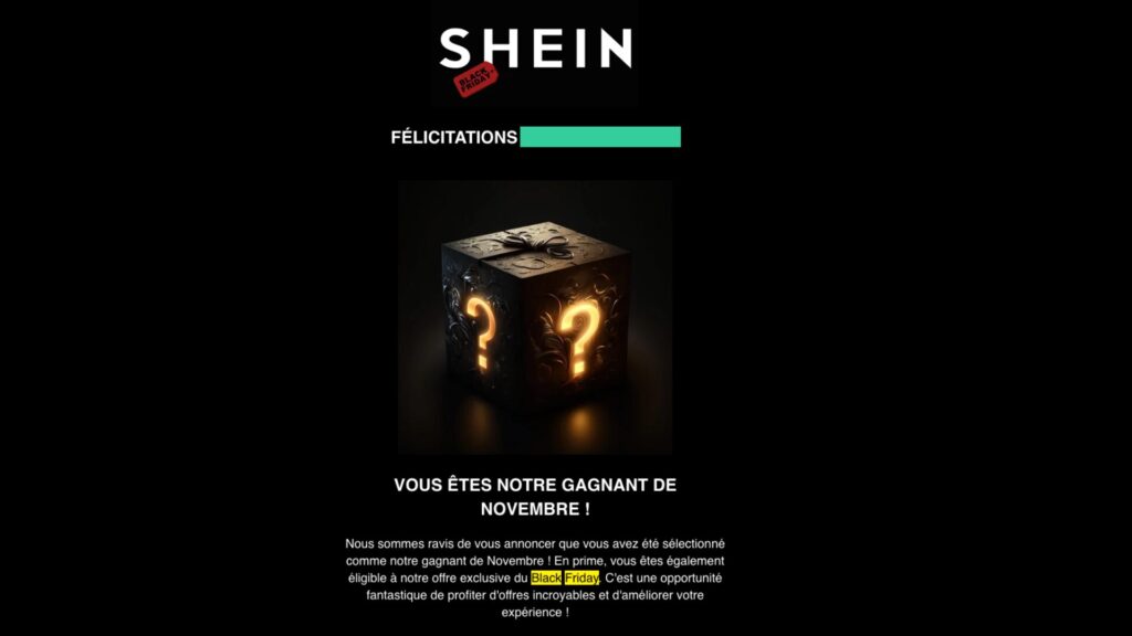 Un faux mail de Shein pour le Black Friday. // Source : Numerama