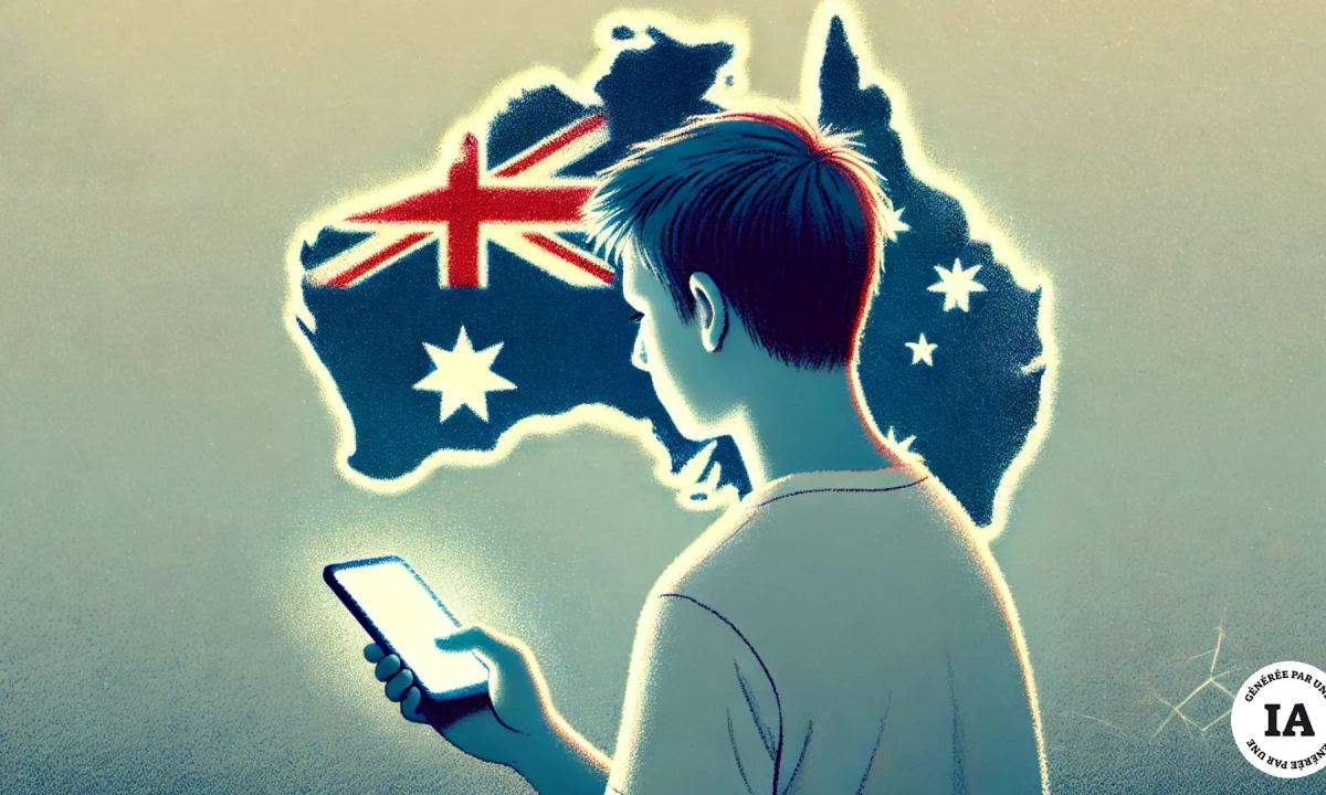 L'Australie veut interdire les réseaux sociaux aux mineurs. // Source : Numerama, avec ChatGPT Dall-E