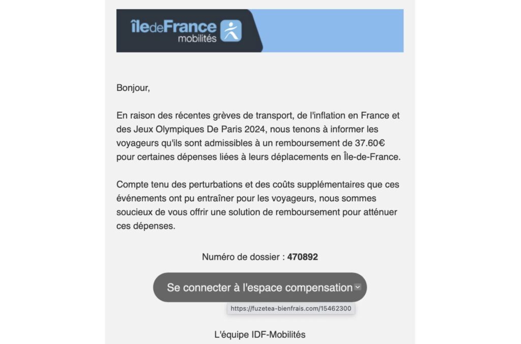 Le faux mail d' Île-de-France Mobilités. // Source : Alexandre Lenoir