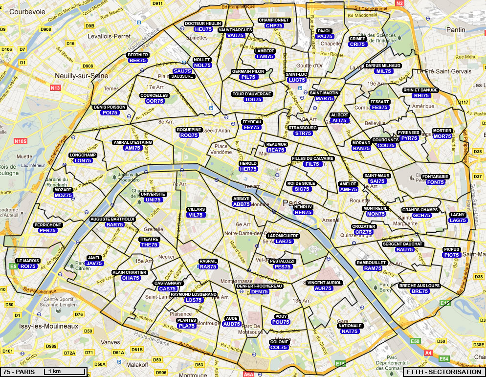 La carte des noeuds de raccordement de Free à Paris // Source : Free