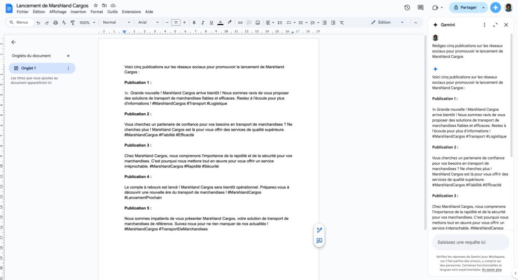 Dans Google Docs, Gemini peut écrire à votre place ou modifier des paragraphes selon des demandes précises.