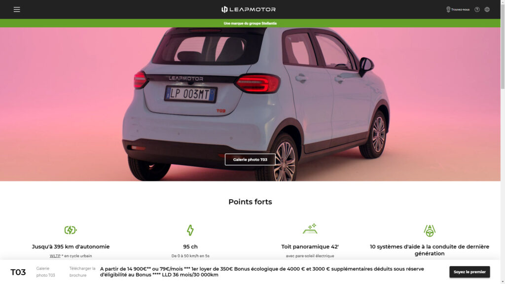 Le site Leapmotor qui mentionne toujours le mauvais prix // Source : Capture leapmotor.net