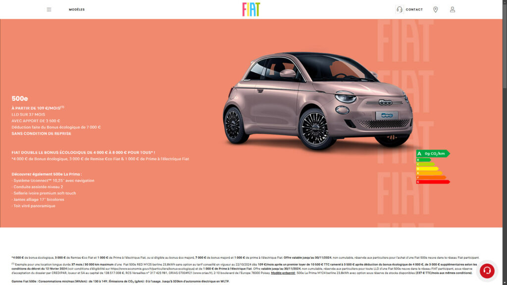 Offre de leasing Fiat 500e en novembre // Source : capture site fiat.fr