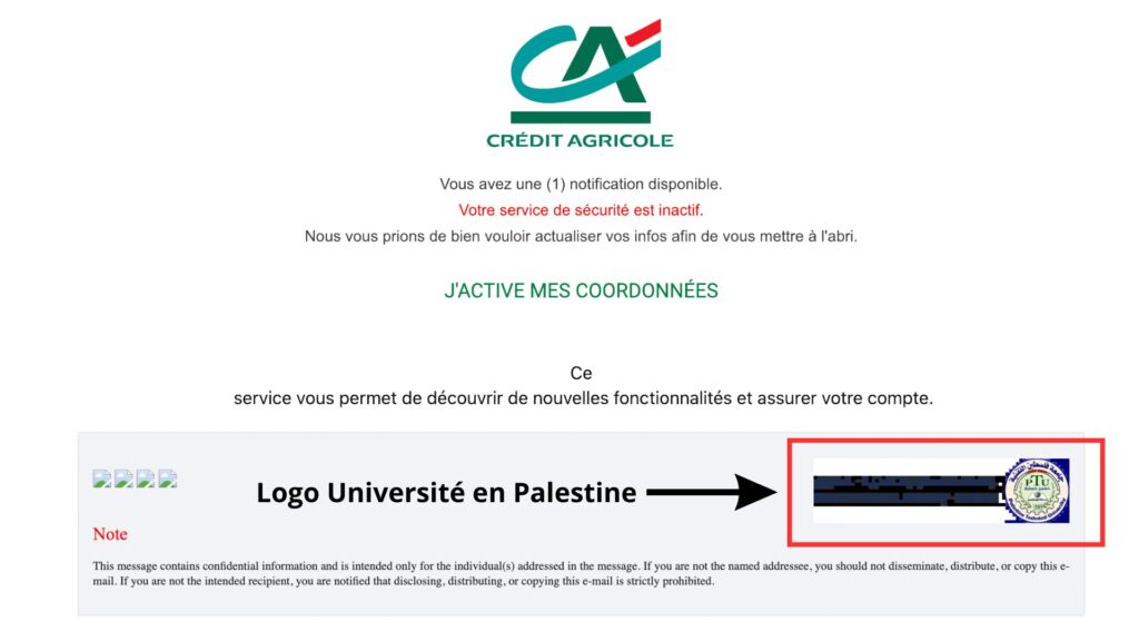 Un mail de phishing du Crédit Agricole avec le logo de la faculté piraté. // Source : Numerama