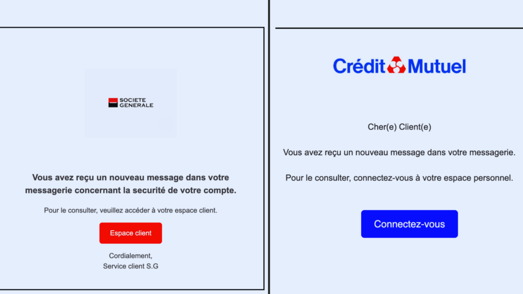 Les faux mails de la Société Générale et du Crédit mutuel reprennent les mêmes codes. // Source : Numerama