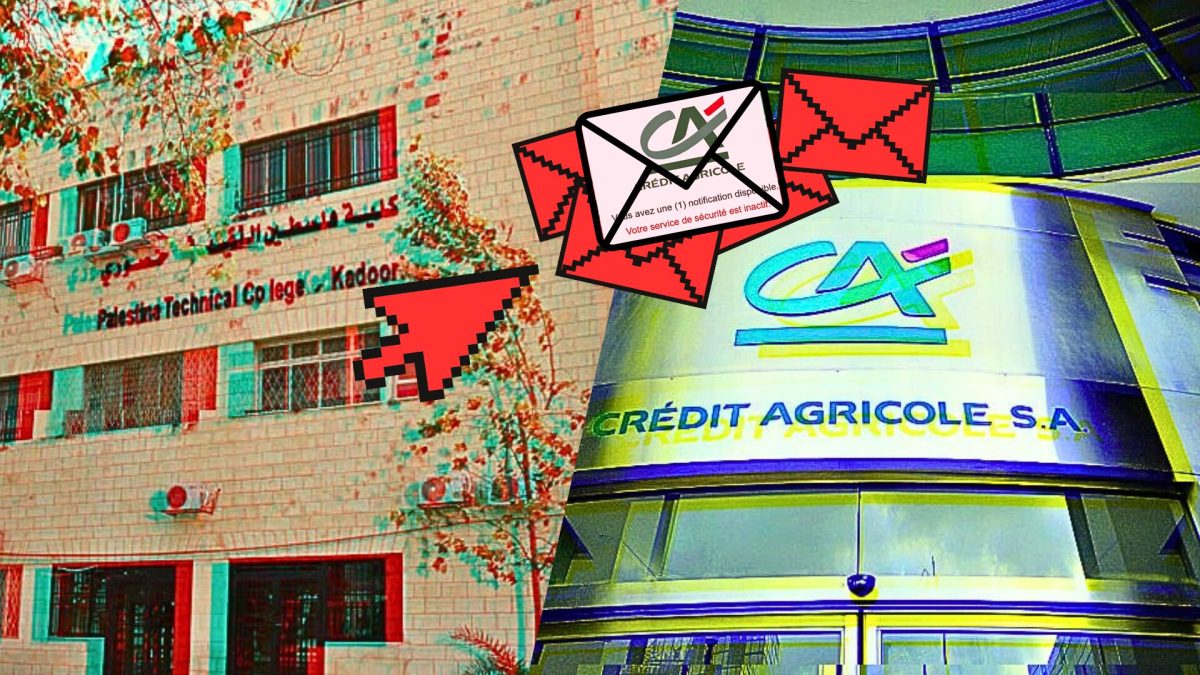 Les clients du Crédit Agricole ciblés par un faux mail. // Source : Palestine Technical University – Kadoorie / Montage Numerama