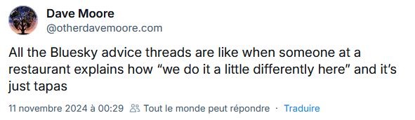 "Tous les threads Bluesky qui t'expliquent comment bien utiliser Bluesky, c'est un peu comme ce restaurant qui te dit "on fait les choses un peu différemment chez nous" alors qu'en fait il sert juste des tapas."