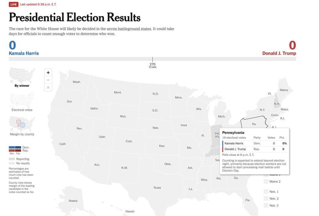 Sur le site du New York Times, la carte électorale est présentée et actualisée en temps réel.