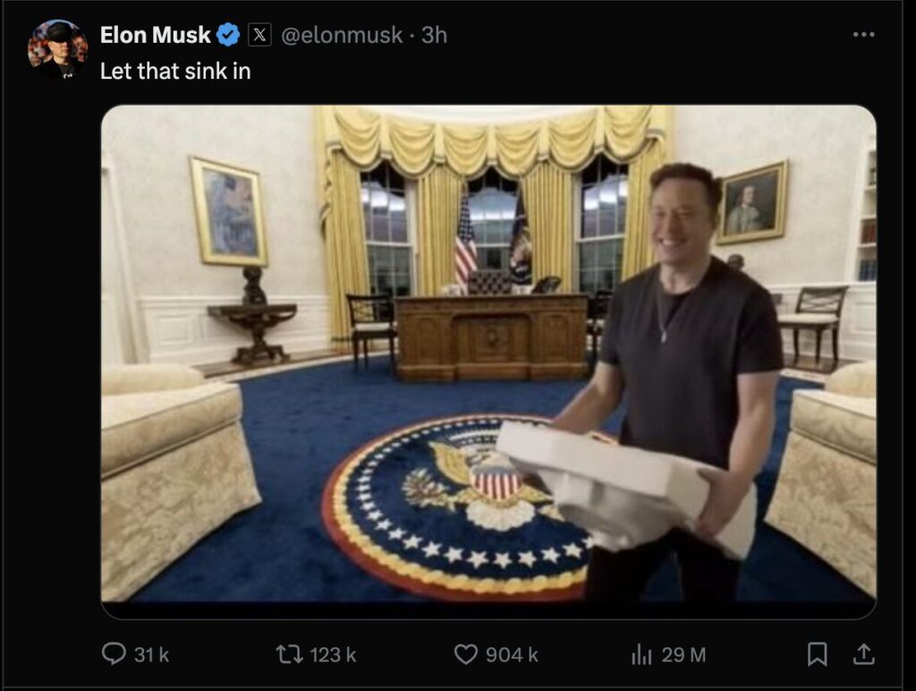 Elon Musk, qui était présent à la soirée de la victoire de Trump, a posté cette blague en référence à sa future arrivée à la Maison Blanche. // Source : X