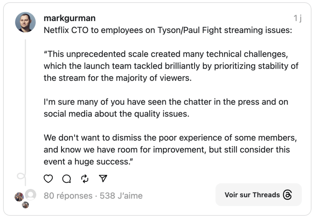 La CTO de Netflix a réagi aux critiques sur la qualité du live-streaming.