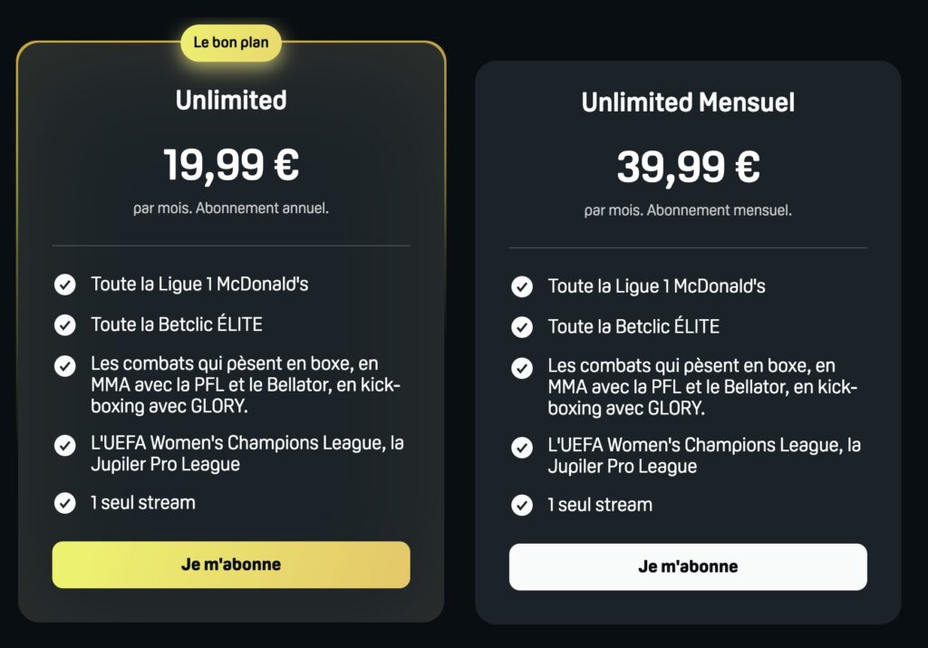 Les offres de DAZN le 26 novembre, avec une promo sur l'offre engagement, mais aucune en sans engagement.