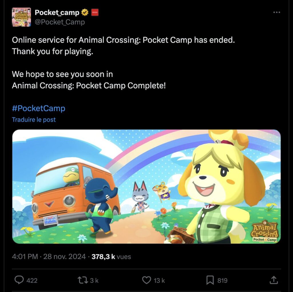 Animal Crossing Pocket Camp ne fonctionne plus depuis le 28 novembre.