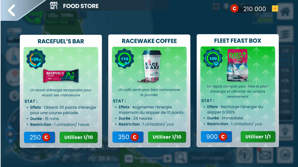 Le « food store » dans Virtual Regatta pour acheter des items qui redonnent de l'énergie // Source : Virtual Regatta