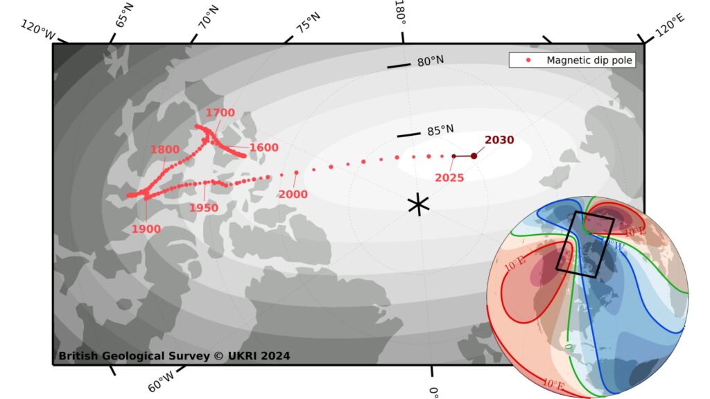 Emplacement magnétique des pôles nord de 1590 à 2030 // Source : BGS UKRI et Wessel, P. et W.HF. Smith (1996), base de données mondiale J.Géophysique. Res.