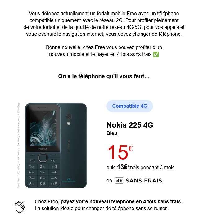 Le mail envoyé par Free à ses abonnés avec un téléphone 2G // Source : Univers Freebox