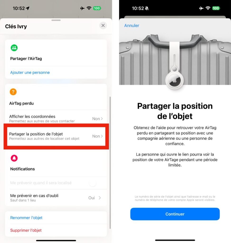 Le partage d'un AirTag depuis l'application Localiser.