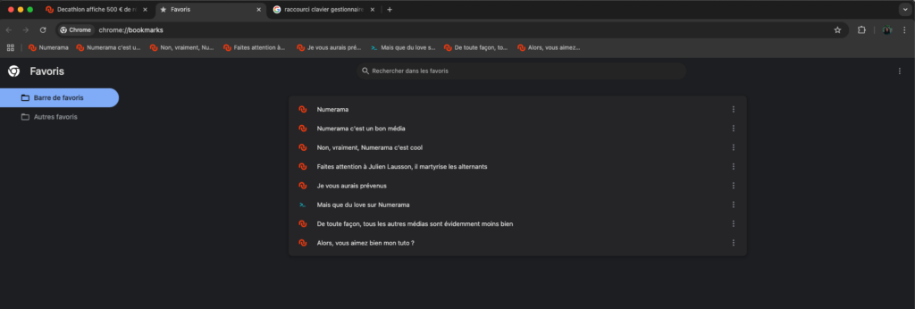 Le gestionnaire de favoris de Chrome // Source : Numerama