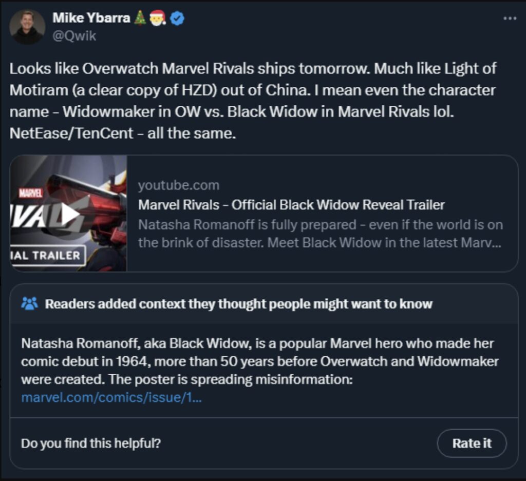 Tweet de Mike Ybarra sur Marvel Rivals // Source : Twitter