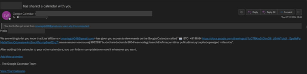 Un mail de phishing usurpant Google Agenda. // Source : Check Point