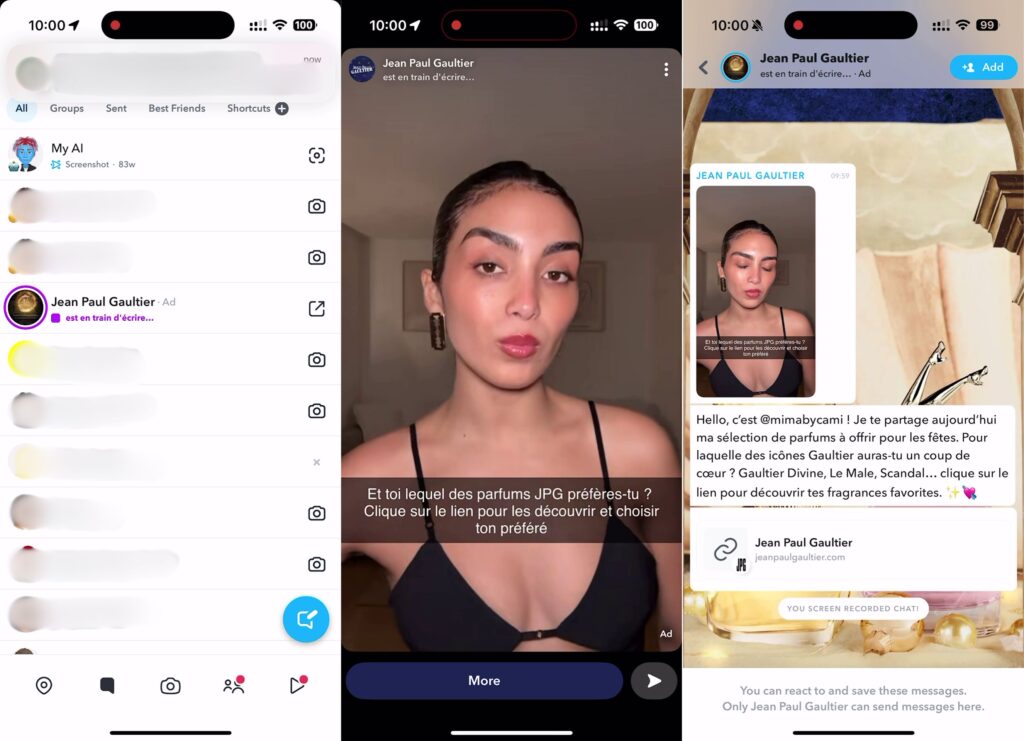 L'intégration des publicités dans les messages privés de Snapchat // Source : Numerama