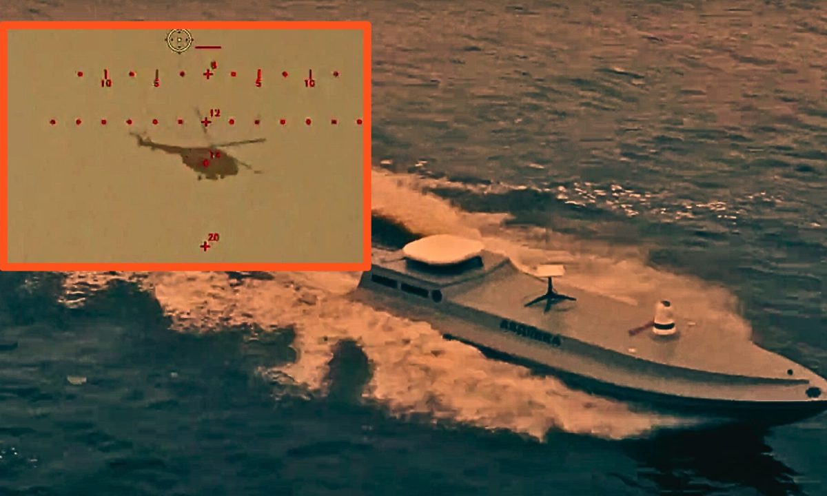 Un drone naval ukrainien Sea Baby a riposté contre un hélicoptère de combat russe. // Source : Service de sécurité ukrainien