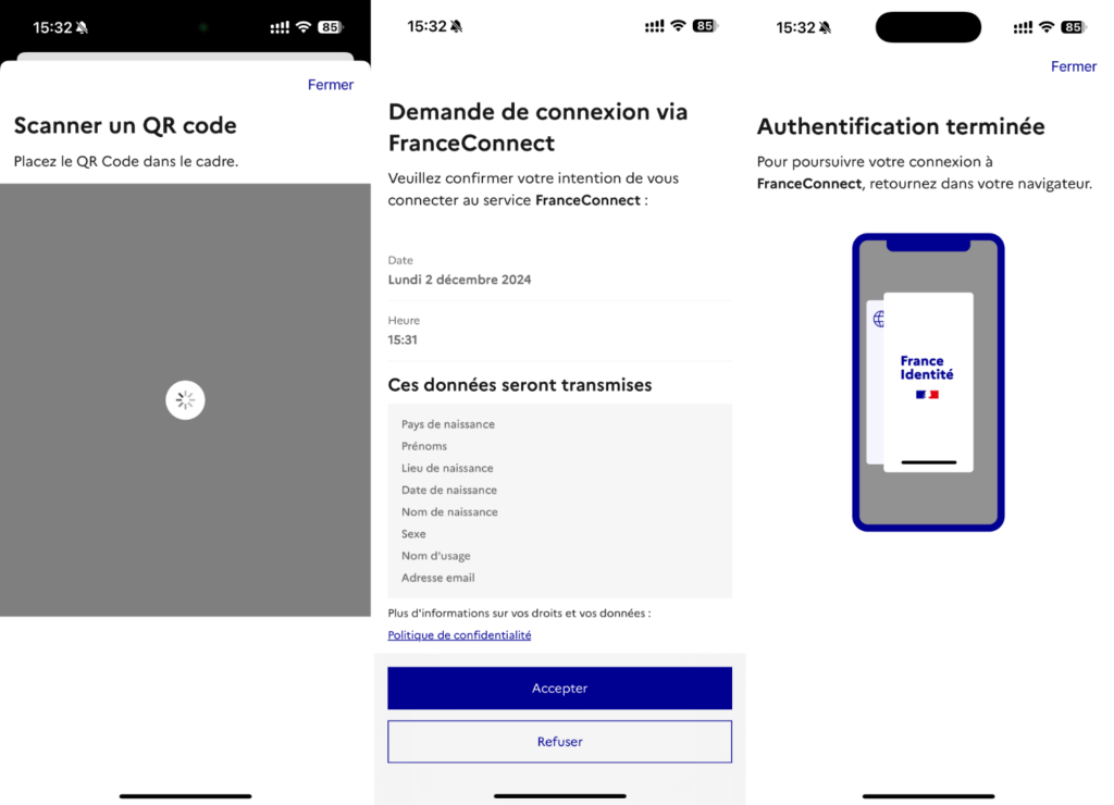 Il suffit de scanner un QR code pour s'authentifier avec FranceConnect.