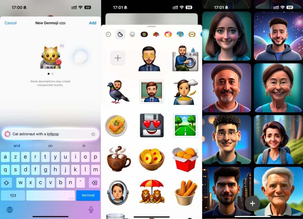 Les Genmoji à gauche, Image Playgrounds à droite. Apple utilise des modèles entrainés spécifiquement pour des exécutions locales.