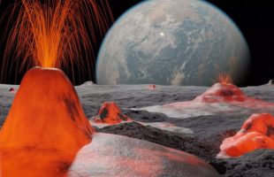 Quelques centaines de millions d'années après sa formation, la Lune a été soumise à une intense activité volcanique. La distance entre la Terre et la Lune était alors bien plus faible qu'aujourd'hui. // Source : MPS/Alexey Chizhik