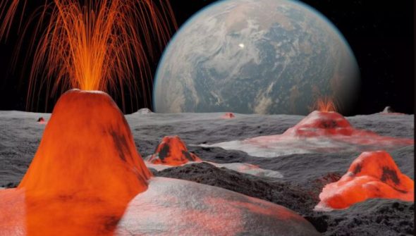 Quelques centaines de millions d'années après sa formation, la Lune a été soumise à une intense activité volcanique. La distance entre la Terre et la Lune était alors bien plus faible qu'aujourd'hui. // Source : MPS/Alexey Chizhik