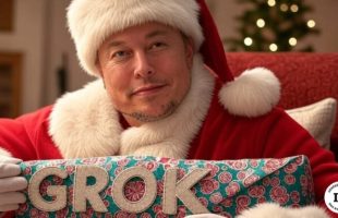 Elon Musk en père Noël avec un cadeau Grok. // Source : Numerama, avec Grok