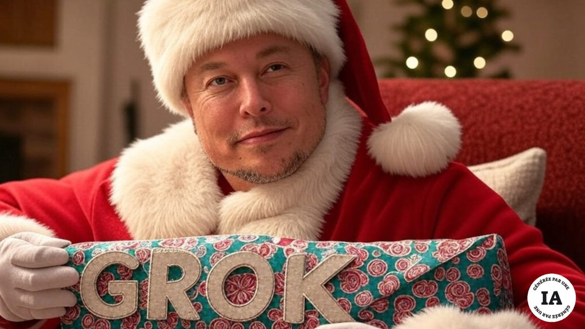 Elon Musk en père Noël avec un cadeau Grok. // Source : Numerama, avec Grok