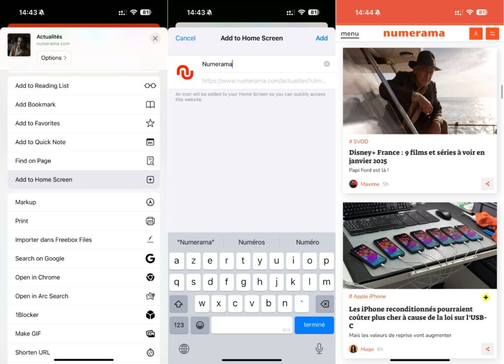 L'ajout d'une web-application Numerama sur iPhone.