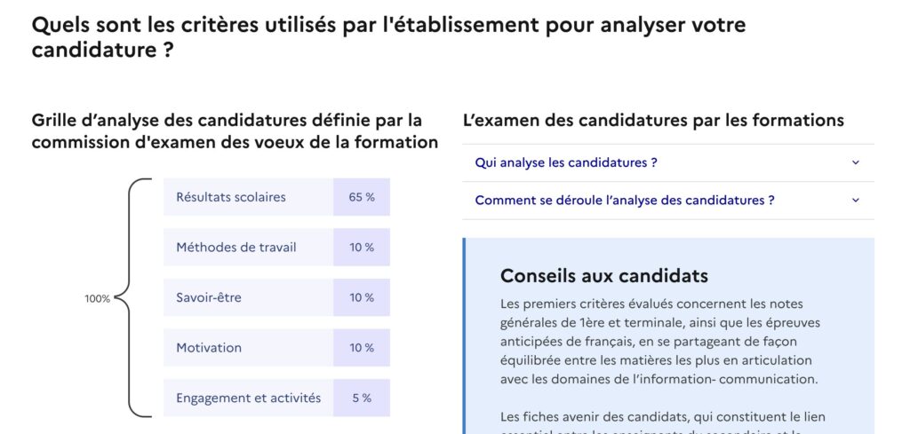 L'affichage des critères d'admission d'une formation dans Parcoursup // Source : Capture Numerama