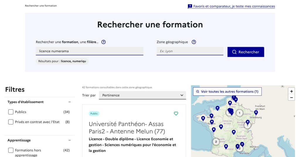 La recherche de formations dans Parcoursup // Source : Capture Numerama