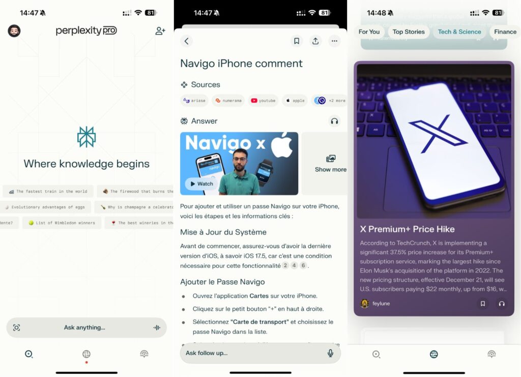 L'interface de Perplexity sur iPhone, avec un onglet dédié à l'actualité.