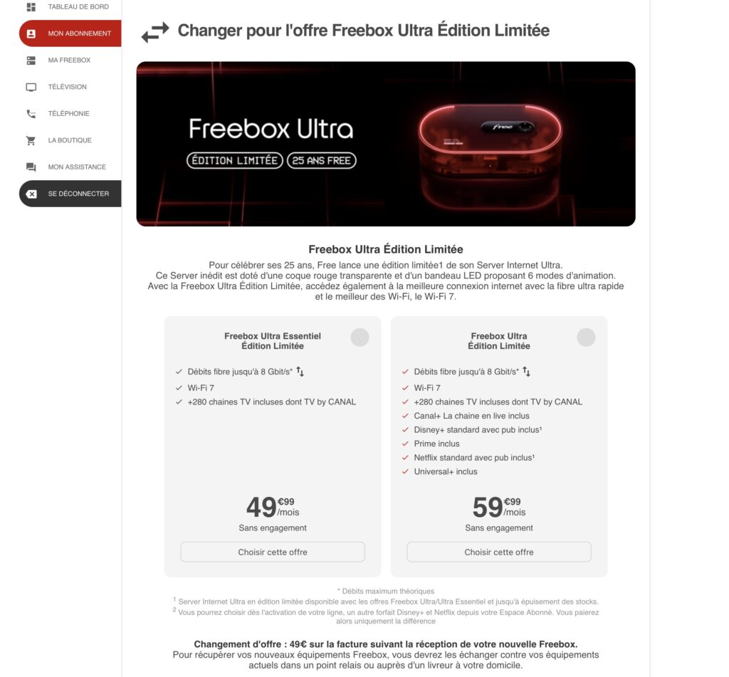 La page de migration pour les abonnés Freebox.