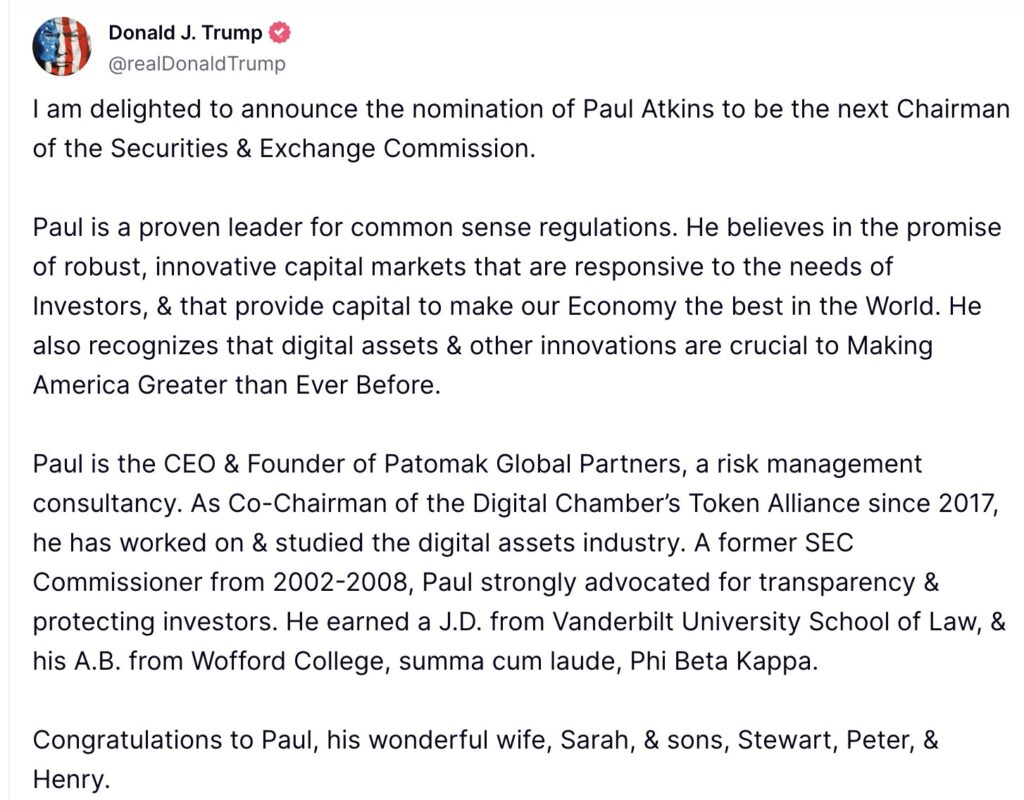 Le Bitcoin s'approchait des 100k depuis l'élection de Trump, mais la nomination de Paul Atkins a provoqué ce passage.