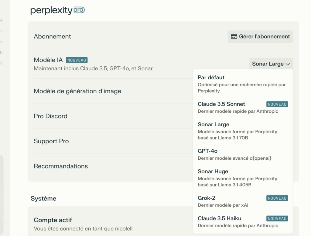 Le choix du modèle IA dans Perplexity.