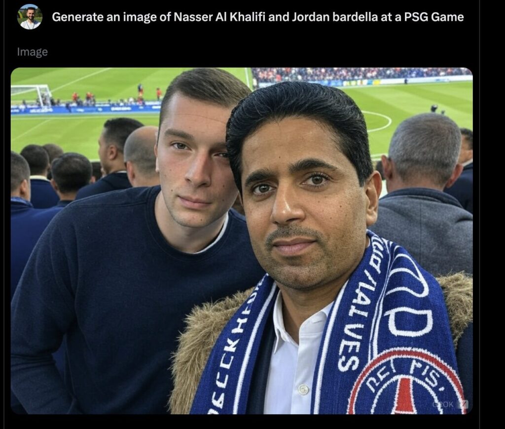 Image générée par Grok 2 et Aurora, avec Jordan Bardella et le président du PSG.