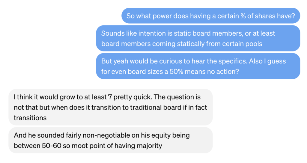 Cette conversation entre Greg Brockman et Shivon Zilis, désormais alliée à Elon Musk, confirme la demande pour détenir 50-60% d'OpenAI.